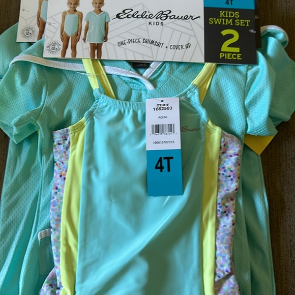 Eddie Bauer Kids One-Piece Turquoise /White/ Yellow Swimsuit Plus Cover Up Nwt - Picture 8 of 8